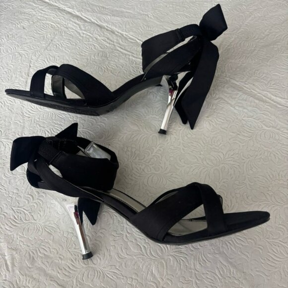 Fioni Elegant Black Satin Heels with Bow Accent/Silver Heels, Size 9 - Picture 1 of 14